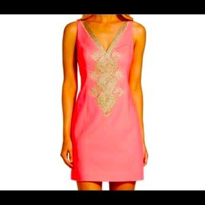 NWOT Lilly Pulitzer Coral/Gold Junie shift dress-Coral Reef. Wedding perfect!
